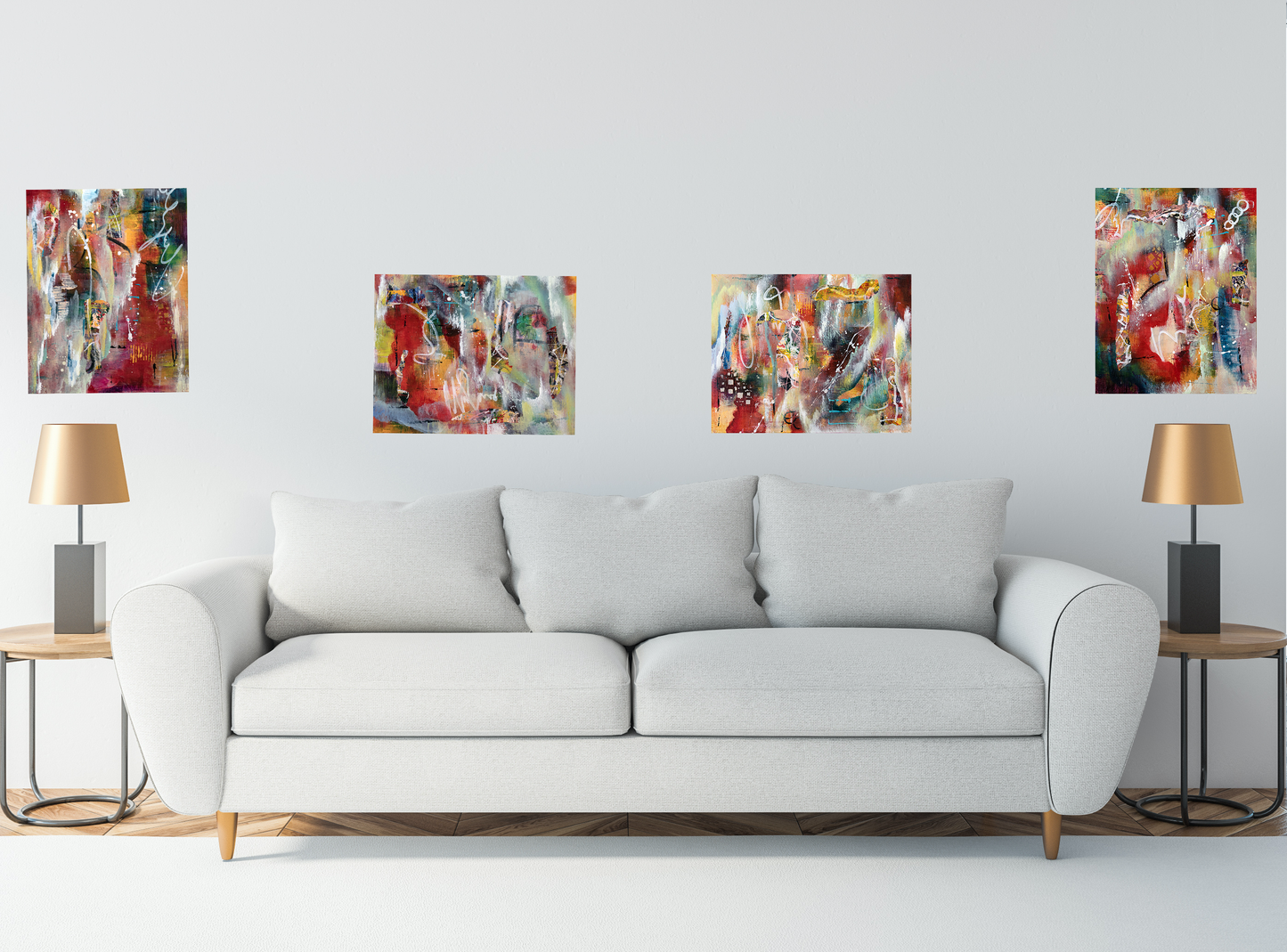 Red Hots #1 - Four Pieces - Sold in Sets of 2 (24x24 Gallery Wrapped Canvas)